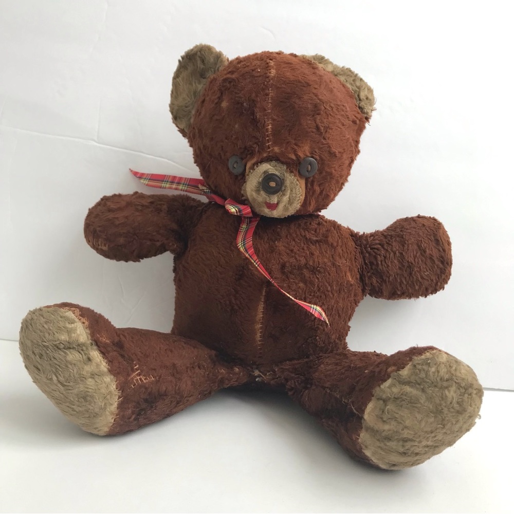Vintage Teddy Bear Button Eyes Brown Plush Stuffed Animal
